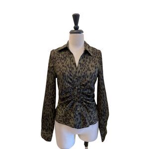 THML Women's Leopard Ruched Long Sleeve Button Down Shirt Olive Black Size XS